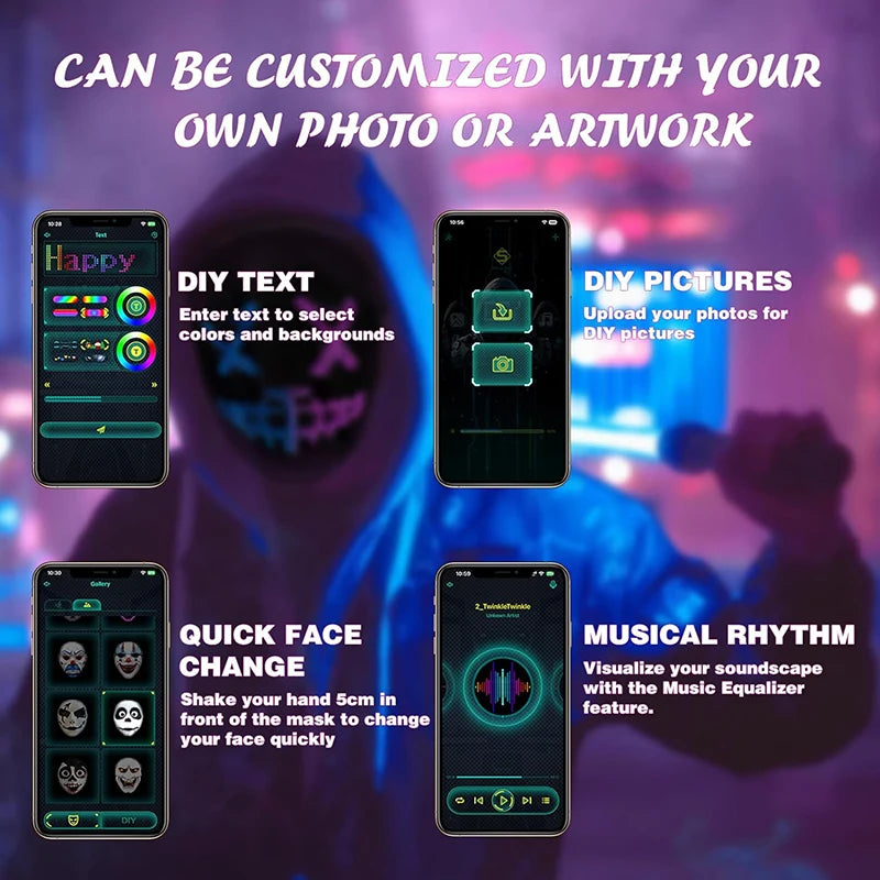LED Mask with Bluetooth App Control Programmable